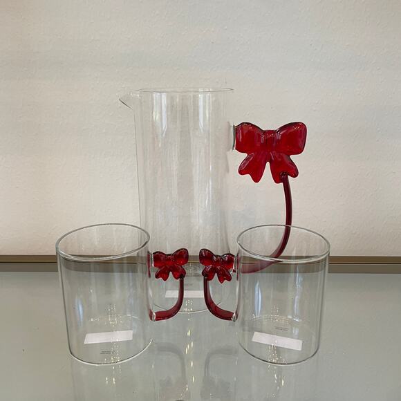3pc Clear Glass Mugs & Pitcher with Coquette Red Bow Handle Holiday Glam NEW - Picture 4 of 16